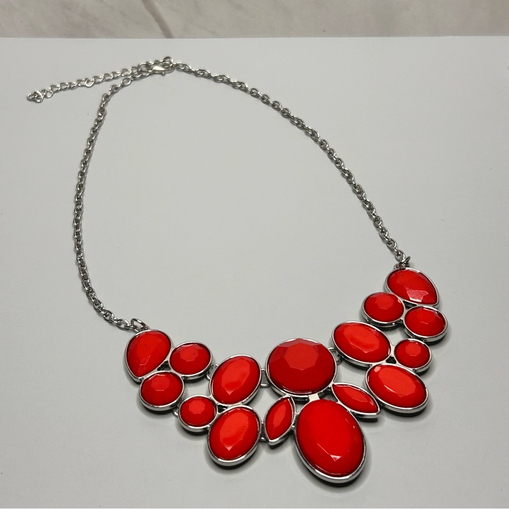 Bright Red Bold Silver Tone Statement Necklace - image 1